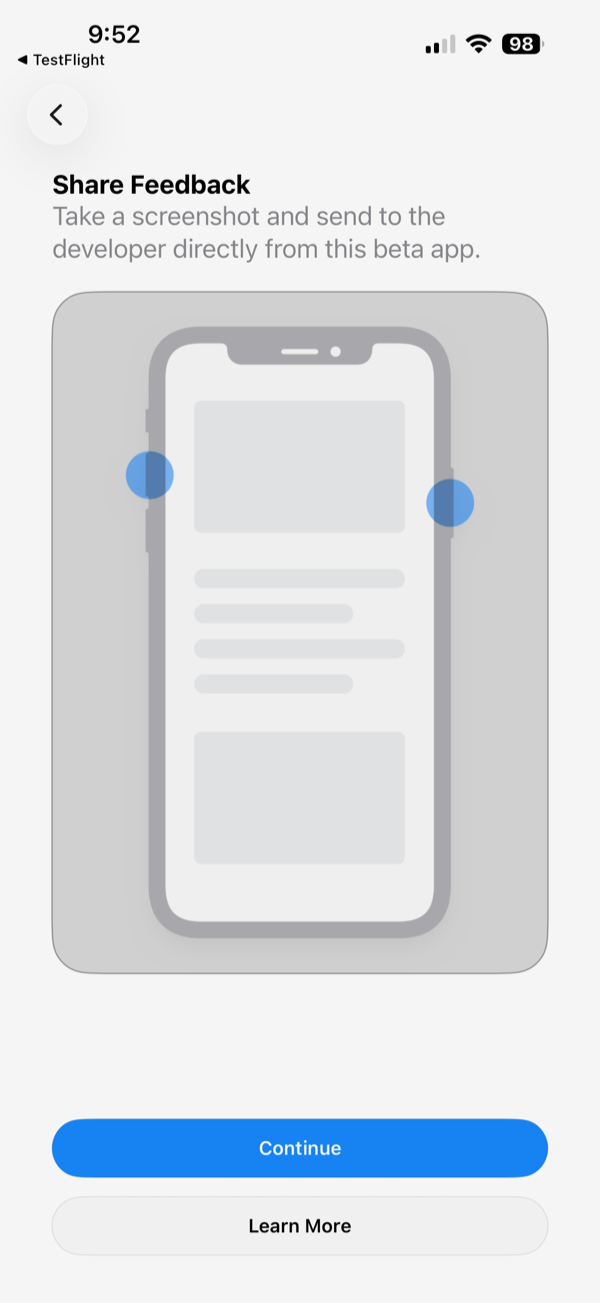 Apple may show a ‘Share Feedback’ screen — tap Continue; you do not have to send anything.