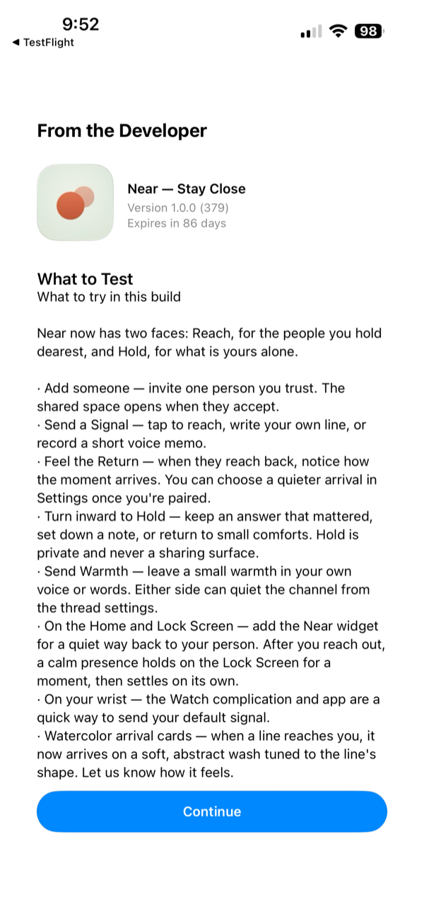 Apple may show a ‘What to Test’ screen — tap Continue to proceed.