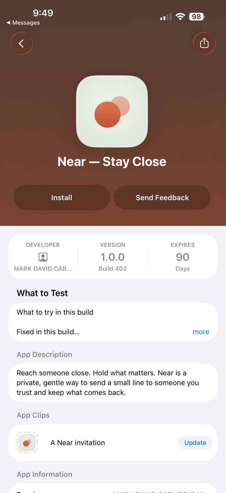 The Near invite in TestFlight — tap Install to add Near to your iPhone.