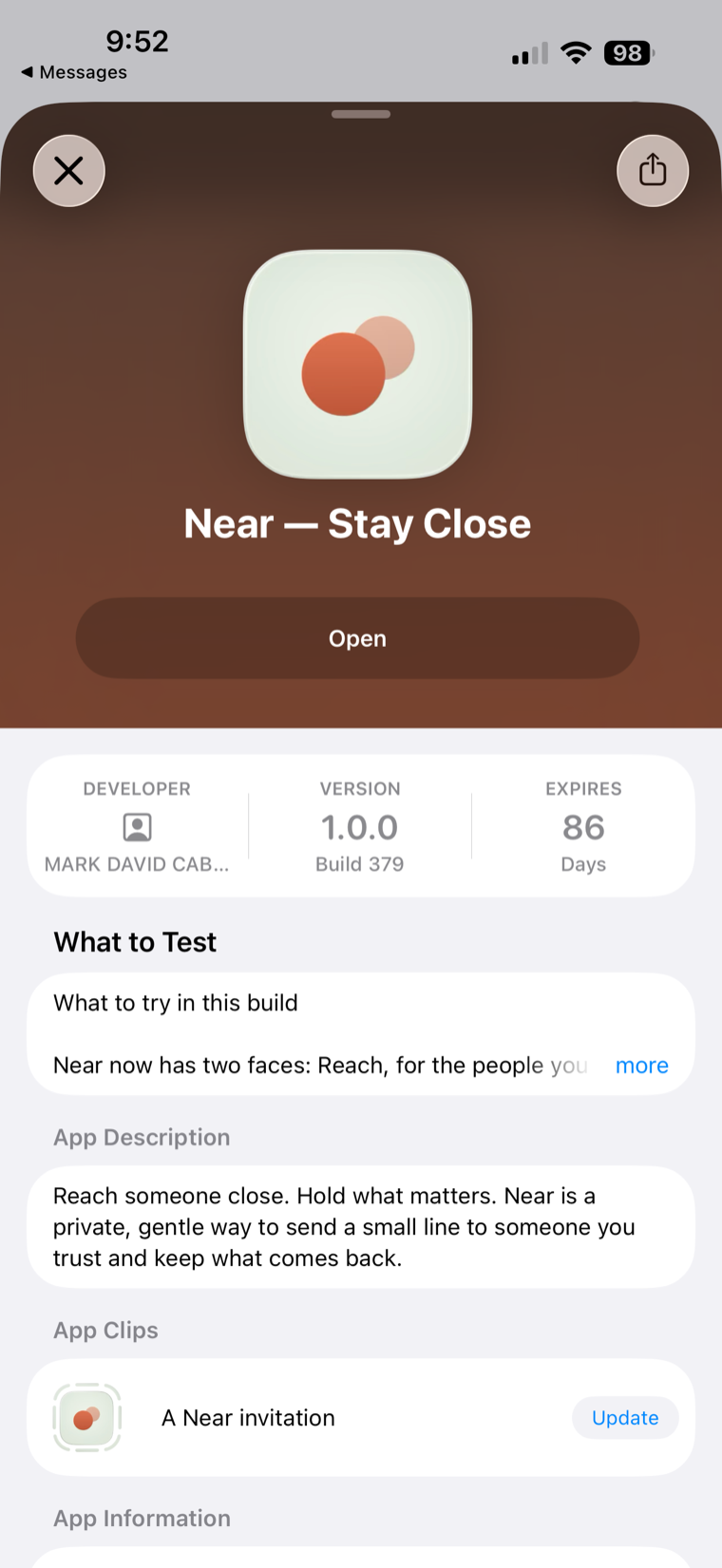 Near added in TestFlight — tap Open to launch Near.