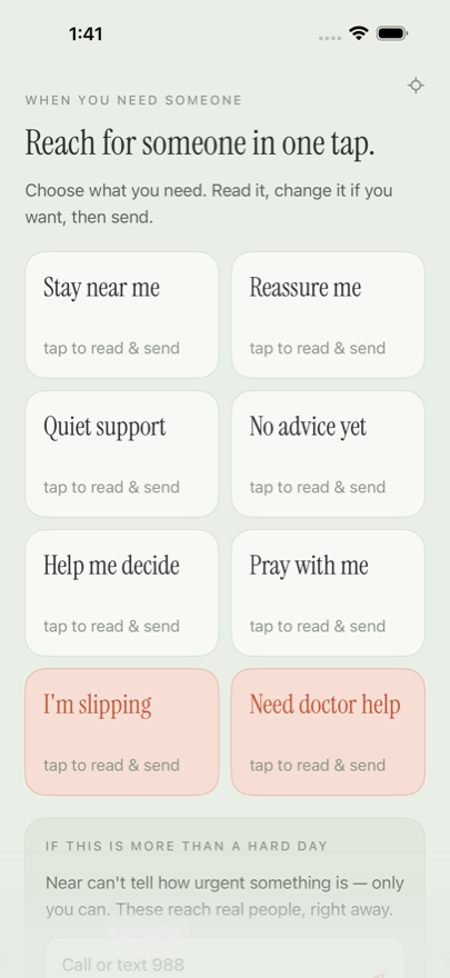 The Help screen: ‘Reach for someone in one tap,’ with gentle pre-written signals to send.