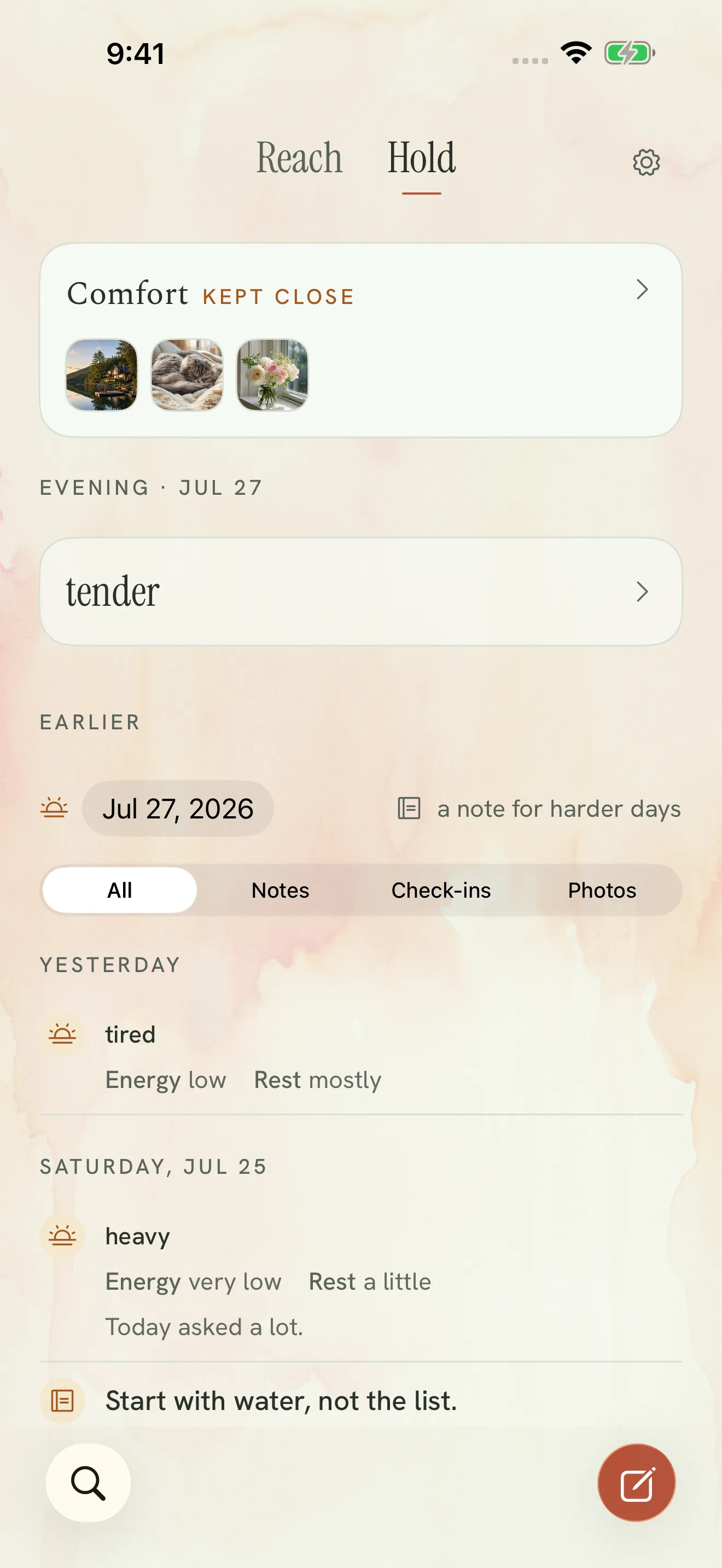 Hold in Near, with Comfort, today, and earlier private entries.