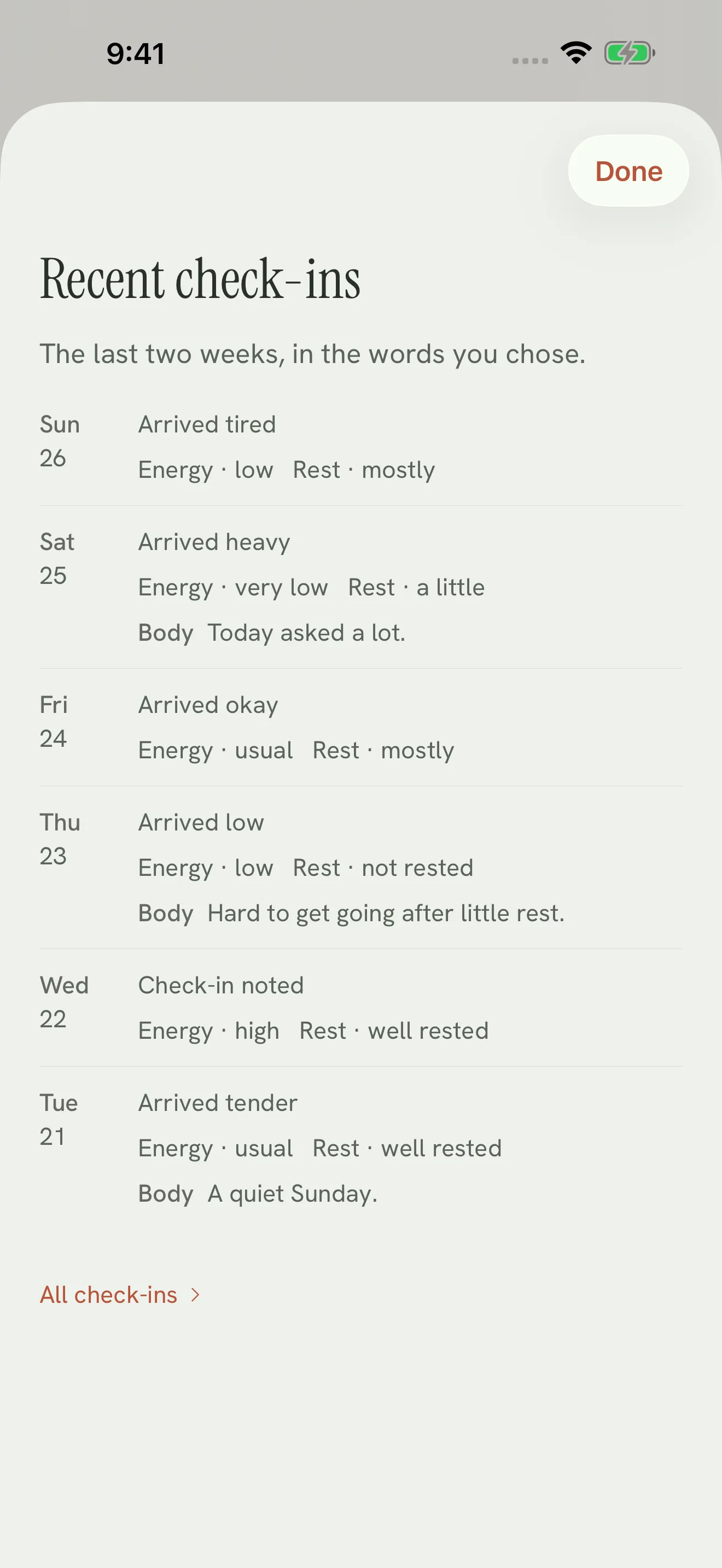 Recent check-ins in Hold, listed in the person's own words.