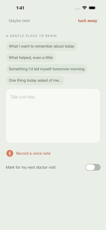 The Notes composer, a calm blank page for private writing.