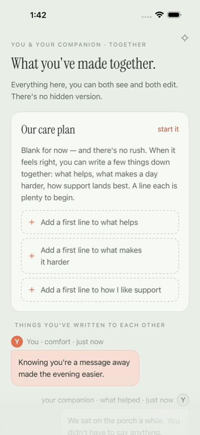 The Shared screen, a care plan two people write together.