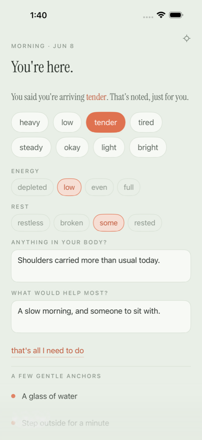 Near's Today screen, greeting the user with ‘You're here.’ above a gentle row of feeling words.